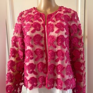Neiman Marcus Women’s Medium Floral Pink Appliqués Sheer Open Jacket